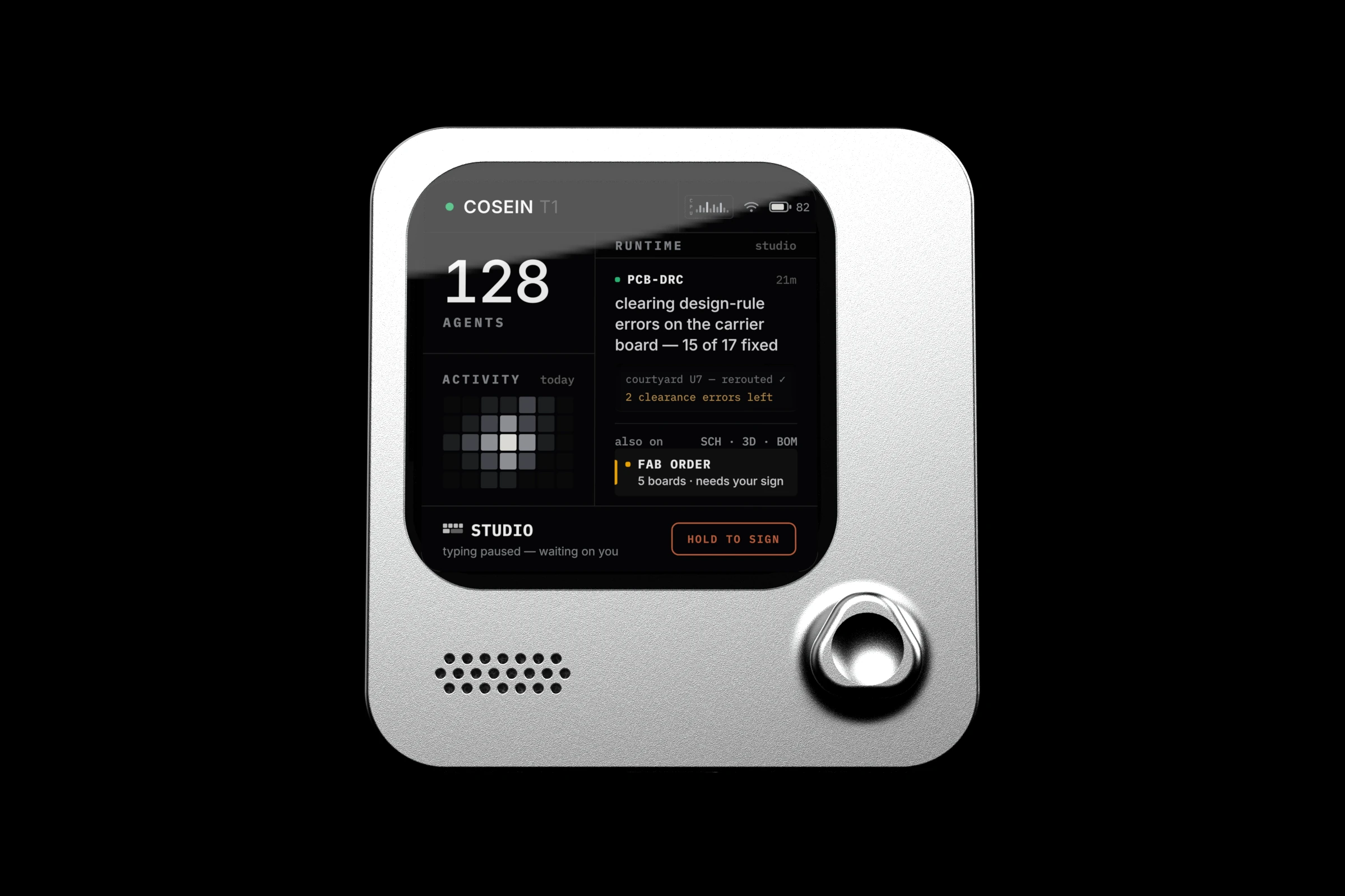 the cosein T1 from the front, its screen showing 128 agents at work